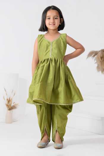 Shop_Bannhi By Priyanka Rathore_Green Organza, Taffeta Gota Patti Embellished Peplum Dhoti Pant Set _Online_at_Aza_Fashions