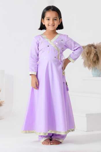 Bannhi By Priyanka Rathore_Lavender Organza, Cotton, Silk Gota Patti, Sequins Lace Embellished Angarkha Set _Online_at_Aza_Fashions