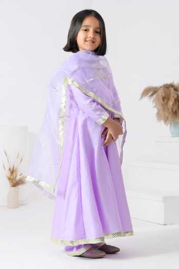 Buy_Bannhi By Priyanka Rathore_Lavender Organza, Cotton, Silk Gota Patti, Sequins Lace Embellished Angarkha Set _Online_at_Aza_Fashions