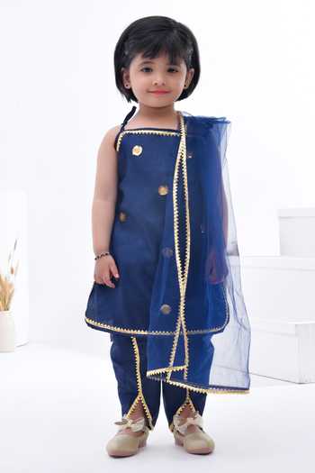 Bannhi By Priyanka Rathore_Blue Net, Cotton Gota Patti, Sequins Navy And Kurta Set _Online_at_Aza_Fashions