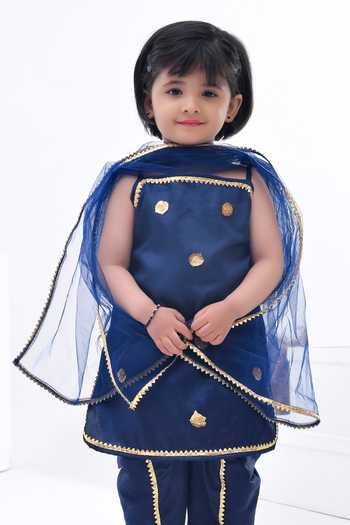 Buy_Bannhi By Priyanka Rathore_Blue Net, Cotton Gota Patti, Sequins Navy And Kurta Set _Online_at_Aza_Fashions