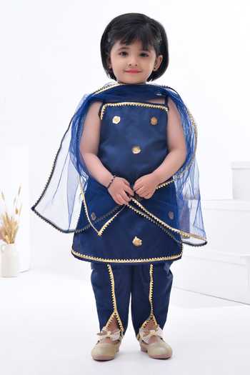 Shop_Bannhi By Priyanka Rathore_Blue Net, Cotton Gota Patti, Sequins Navy And Kurta Set _Online_at_Aza_Fashions