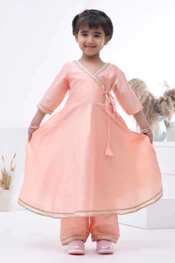 Bannhi By Priyanka Rathore_Peach Taffeta Gota Patti Lace Angarkha Set _Online_at_Aza_Fashions
