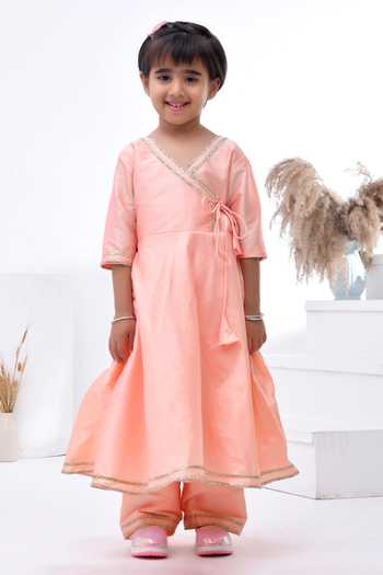 Buy_Bannhi By Priyanka Rathore_Peach Taffeta Gota Patti Lace Angarkha Set _Online_at_Aza_Fashions