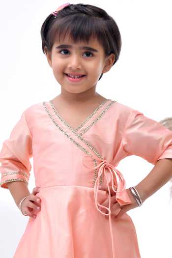 Shop_Bannhi By Priyanka Rathore_Peach Taffeta Gota Patti Lace Angarkha Set _Online_at_Aza_Fashions