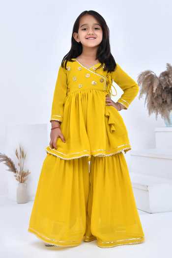 Bannhi By Priyanka Rathore_Yellow Georgette Gota Patti, Sequins Floral Angarkha Sharara Set _Online_at_Aza_Fashions
