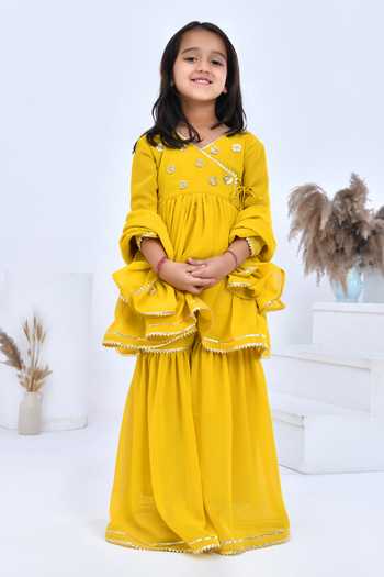 Buy_Bannhi By Priyanka Rathore_Yellow Georgette Gota Patti, Sequins Floral Angarkha Sharara Set _Online_at_Aza_Fashions