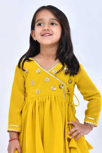 Shop_Bannhi By Priyanka Rathore_Yellow Georgette Gota Patti, Sequins Floral Angarkha Sharara Set _Online_at_Aza_Fashions