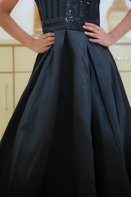 Petite Pomme_Black Silk, Cotton Sequins Flared Embroidered Gown _Online_at_Aza_Fashions