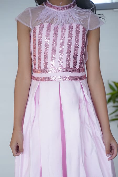 Petite Pomme_Pink Silk, Cotton Sequins, Fringe Embroidered Gown _Online_at_Aza_Fashions