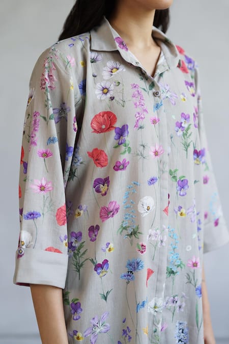 Buy_Roza_Gray Linen Collared Floral Print Tunic And Pant Set _Online_at_Aza_Fashions