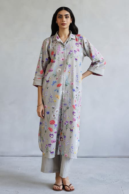 Shop Roza Gray Linen Collared Floral Print Tunic And Pant Set Online at Aza Fashions Shop_Roza_Gray Linen Collared Floral Print Tunic And Pant Set _Online_at_Aza_Fashions
