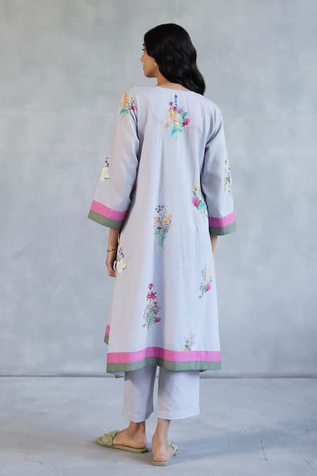 Shop Roza Gray Linen Embroidery Round Neck Blossom Printed Kurta Set at Aza Fashions Shop_Roza_Gray Linen Embroidery Round Neck Blossom Printed Kurta Set _at_Aza_Fashions