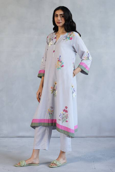 Roza Gray Linen Embroidery Round Neck Blossom Printed Kurta Set Online at Aza Fashions Roza_Gray Linen Embroidery Round Neck Blossom Printed Kurta Set _Online_at_Aza_Fashions