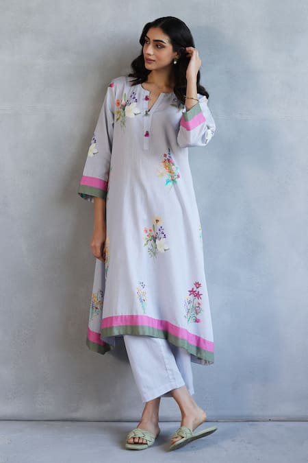 Roza Gray Linen Embroidery Round Neck Blossom Printed Kurta Set at Aza Fashions Roza_Gray Linen Embroidery Round Neck Blossom Printed Kurta Set _at_Aza_Fashions