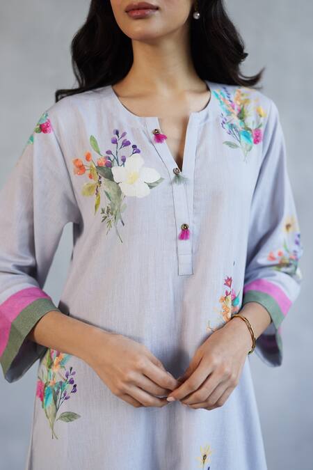 Buy_Roza_Gray Linen Embroidery Round Neck Blossom Printed Kurta Set 