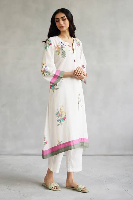 Buy Roza Ivory Linen Round Neck Blossom Printed Kurta And Pant Set Online at Aza Fashions Buy_Roza_Ivory Linen Round Neck Blossom Printed Kurta And Pant Set _Online_at_Aza_Fashions