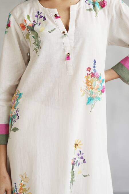 Buy_Roza_Ivory Linen Round Neck Blossom Printed Kurta And Pant Set 