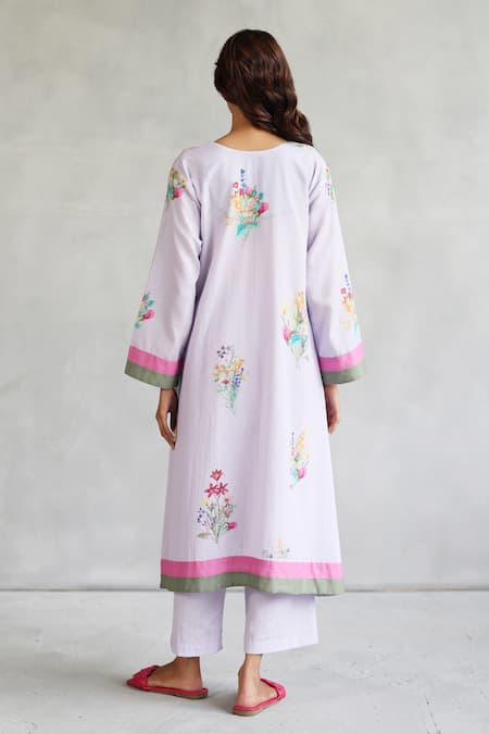 Shop Roza Purple Linen Embroidery Round Neck Kurta Set With Printed Pant at Aza Fashions Shop_Roza_Purple Linen Embroidery Round Neck Kurta Set With Printed Pant _at_Aza_Fashions