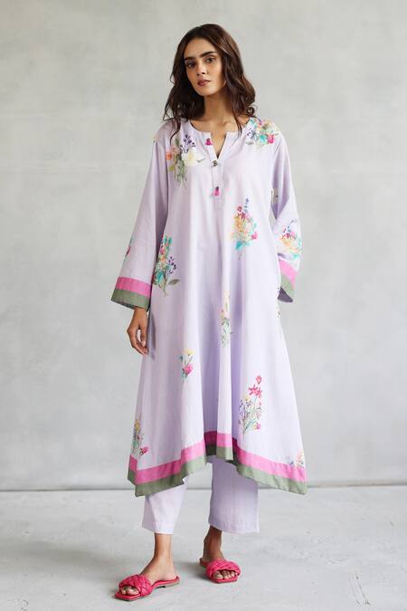 Roza Purple Linen Embroidery Round Neck Kurta Set With Printed Pant Online at Aza Fashions Roza_Purple Linen Embroidery Round Neck Kurta Set With Printed Pant _Online_at_Aza_Fashions