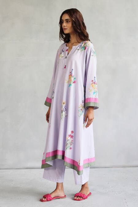 Buy Roza Purple Linen Embroidery Round Neck Kurta Set With Printed Pant Online at Aza Fashions Buy_Roza_Purple Linen Embroidery Round Neck Kurta Set With Printed Pant _Online_at_Aza_Fashions
