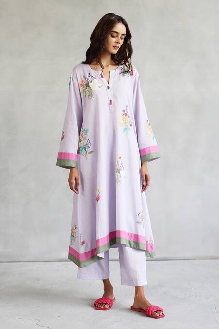 Shop Roza Purple Linen Embroidery Round Neck Kurta Set With Printed Pant Online at Aza Fashions Shop_Roza_Purple Linen Embroidery Round Neck Kurta Set With Printed Pant _Online_at_Aza_Fashions