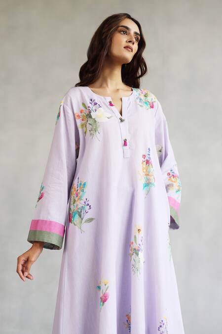 Roza_Purple Linen Embroidery Round Neck Kurta Set With Printed Pant _at_Aza_Fashions