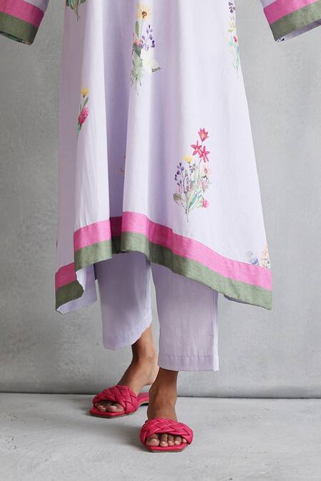 Buy Roza Purple Linen Embroidery Round Neck Kurta Set With Printed Pant Buy_Roza_Purple Linen Embroidery Round Neck Kurta Set With Printed Pant