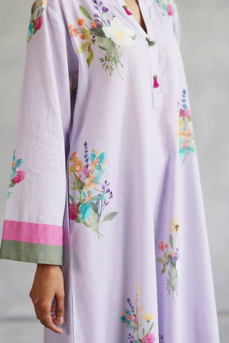 Shop_Roza_Purple Linen Embroidery Round Neck Kurta Set With Printed Pant 