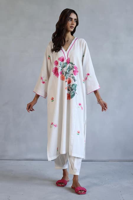 Buy Roza Ivory Linen V-neck Printed Bougainvillea Kurta And Pant Set Online at Aza Fashions Buy_Roza_Ivory Linen V-neck Printed Bougainvillea Kurta And Pant Set _Online_at_Aza_Fashions