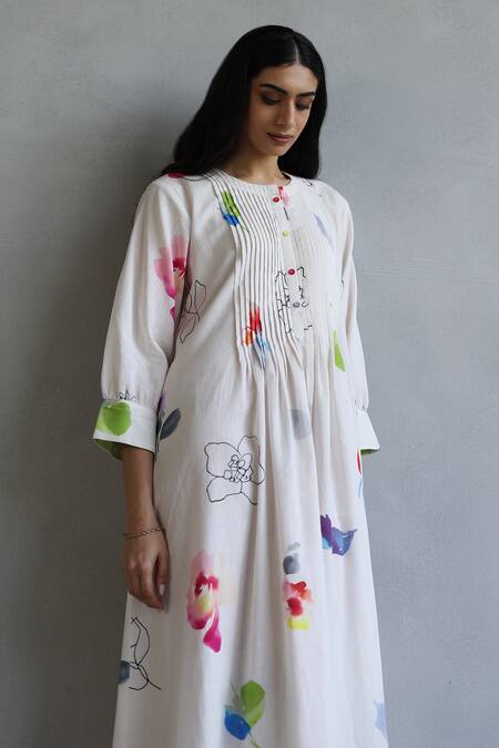 Roza Ivory Linen Round Neck Hand Sketched Doodle Dress Online at Aza Fashions Roza_Ivory Linen Round Neck Hand Sketched Doodle Dress _Online_at_Aza_Fashions
