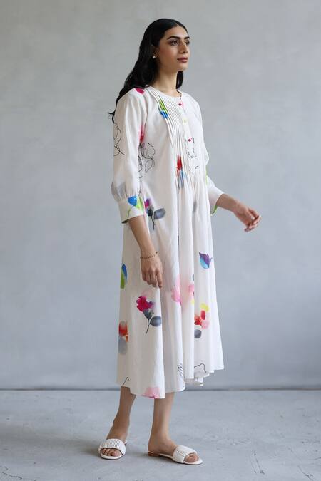 Buy Roza Ivory Linen Round Neck Hand Sketched Doodle Dress Online at Aza Fashions Buy_Roza_Ivory Linen Round Neck Hand Sketched Doodle Dress _Online_at_Aza_Fashions