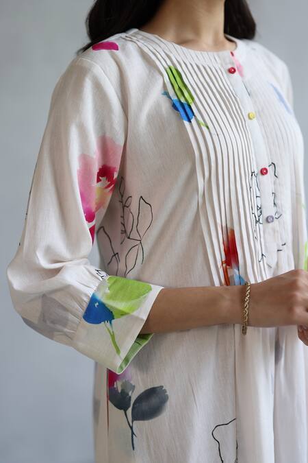 Shop_Roza_Ivory Linen Round Neck Hand Sketched Doodle Dress _Online_at_Aza_Fashions