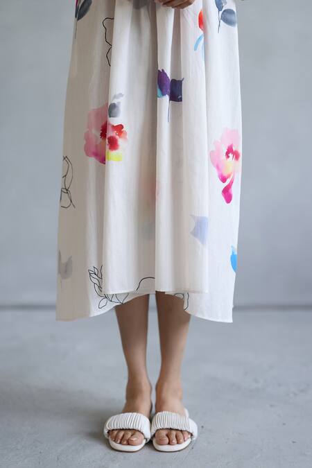 Roza_Ivory Linen Round Neck Hand Sketched Doodle Dress _at_Aza_Fashions