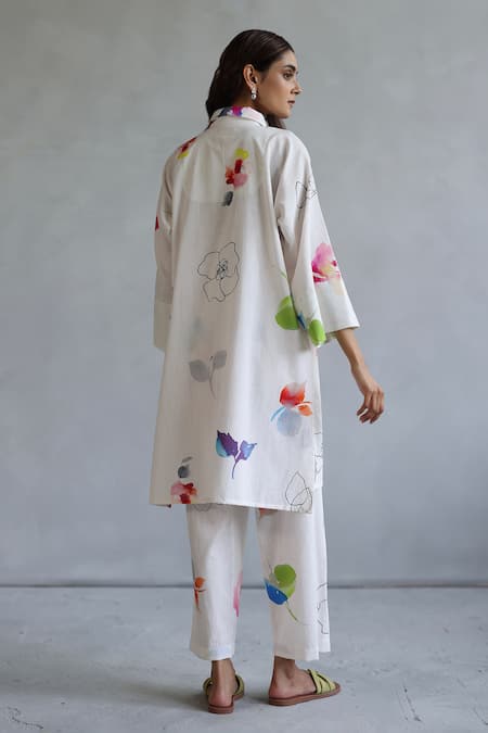 Roza Ivory Hand Sketched Doodle Kaftan & Pant Set 