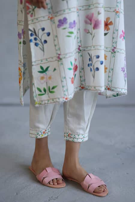 Roza_Ivory Linen Patchwork Printed Kurta And Pant Set _Online_at_Aza_Fashions