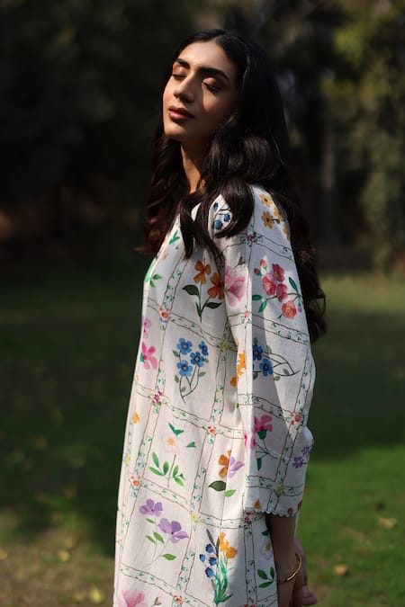 Shop_Roza_Ivory Linen Patchwork Printed Kurta And Pant Set _Online_at_Aza_Fashions