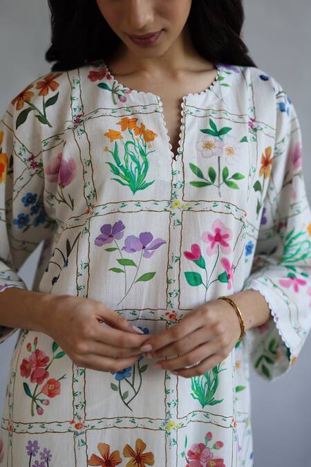 Buy_Roza_Ivory Linen Patchwork Printed Kurta And Pant Set 