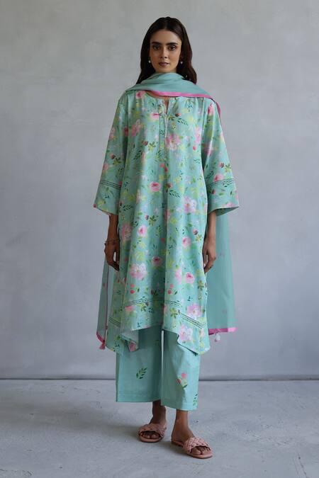 Roza_Aqua Linen Round Neck Hyacinth Floral Kurta And Pant Set _Online_at_Aza_Fashions