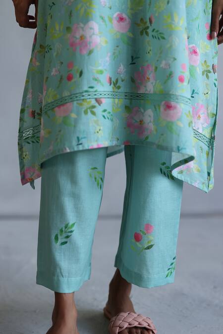 Shop_Roza_Aqua Linen Round Neck Hyacinth Floral Kurta And Pant Set _Online_at_Aza_Fashions