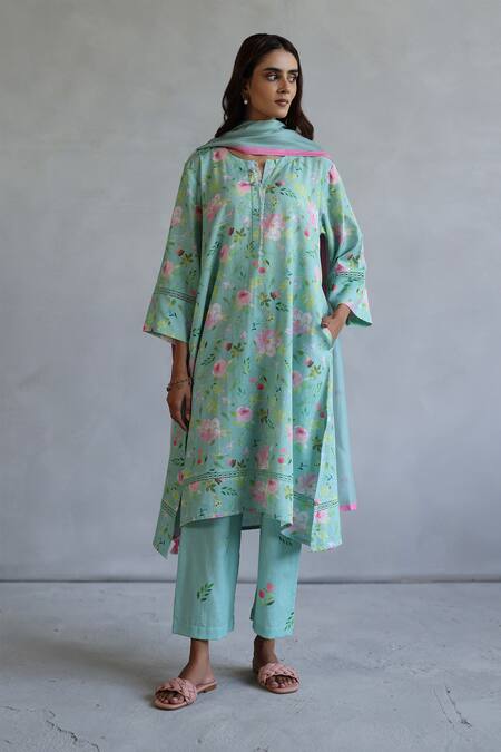 Roza_Aqua Linen Round Neck Hyacinth Floral Kurta And Pant Set _at_Aza_Fashions