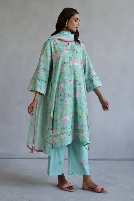 Buy_Roza_Aqua Linen Round Neck Hyacinth Floral Kurta And Pant Set 