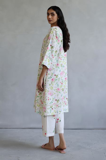 Shop Roza Ivory Linen Round Neck Floral Printed Kurta Set at Aza Fashions Shop_Roza_Ivory Linen Round Neck Floral Printed Kurta Set _at_Aza_Fashions