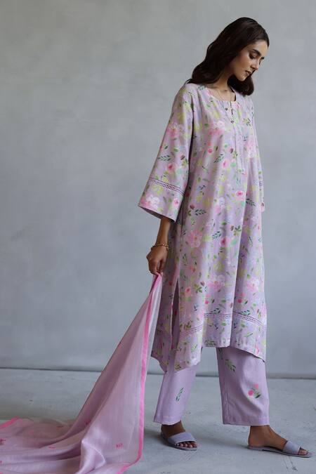 Roza Pink Linen Round Neck Printed Kurta Set Online at Aza Fashions Roza_Pink Linen Round Neck Printed Kurta Set _Online_at_Aza_Fashions
