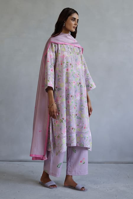 Buy Roza Pink Linen Round Neck Printed Kurta Set Online at Aza Fashions Buy_Roza_Pink Linen Round Neck Printed Kurta Set _Online_at_Aza_Fashions