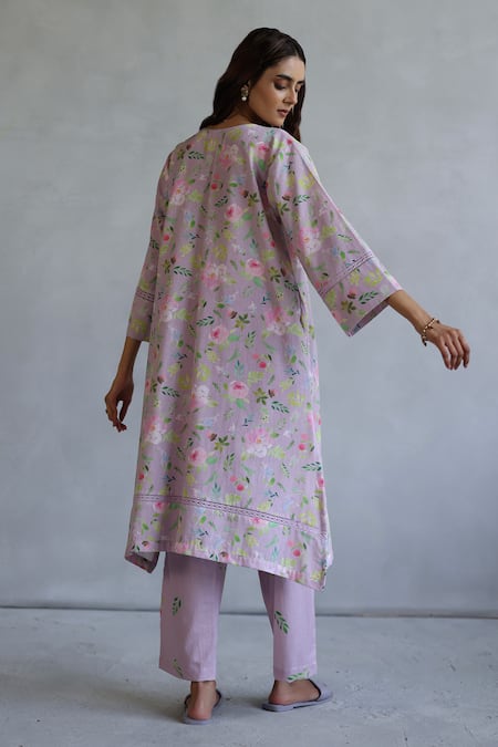 Shop Roza Pink Linen Round Neck Printed Kurta Set at Aza Fashions Shop_Roza_Pink Linen Round Neck Printed Kurta Set _at_Aza_Fashions