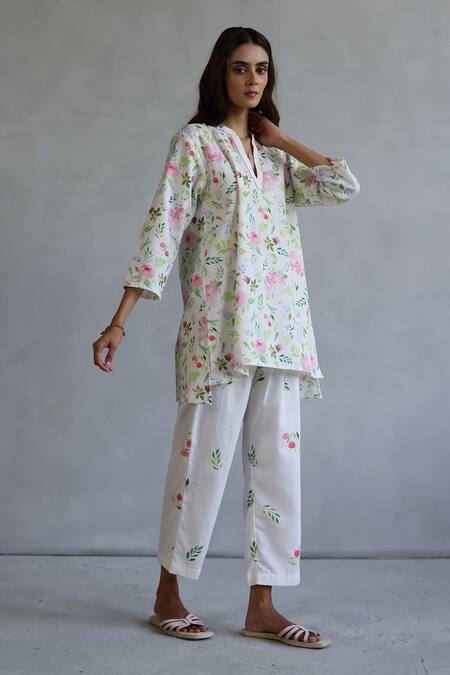 Roza Ivory Linen Embroidery Mandarin Collar Floral Print Kurta And Pant Set Online at Aza Fashions Roza_Ivory Linen Embroidery Mandarin Collar Floral Print Kurta And Pant Set _Online_at_Aza_Fashions