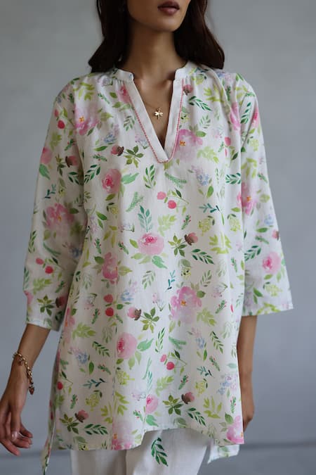 Buy_Roza_Ivory Linen Embroidery Mandarin Collar Floral Print Kurta And Pant Set _Online_at_Aza_Fashions