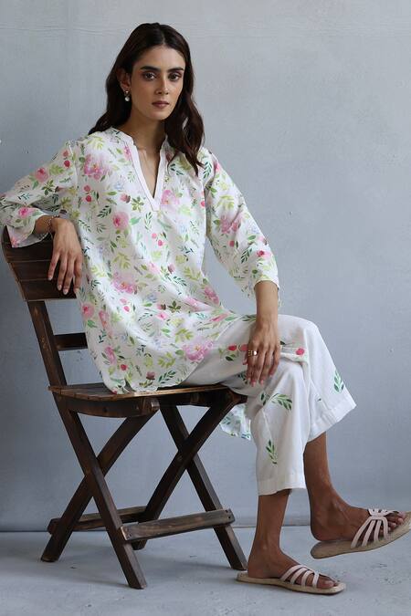 Roza Ivory Linen Embroidery Mandarin Collar Floral Print Kurta And Pant Set at Aza Fashions Roza_Ivory Linen Embroidery Mandarin Collar Floral Print Kurta And Pant Set _at_Aza_Fashions