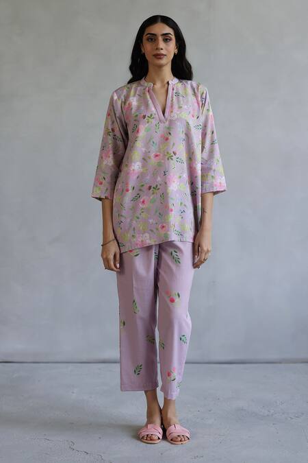 Buy_Roza_Pink Linen Embroidery Mandarin Collar Floral Printed Kurta And Pant Set _Online_at_Aza_Fashions